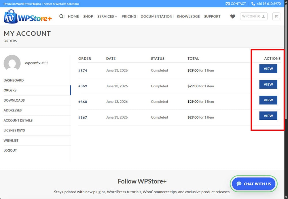WPStore+ My Account Orders page showing completed orders and View buttons