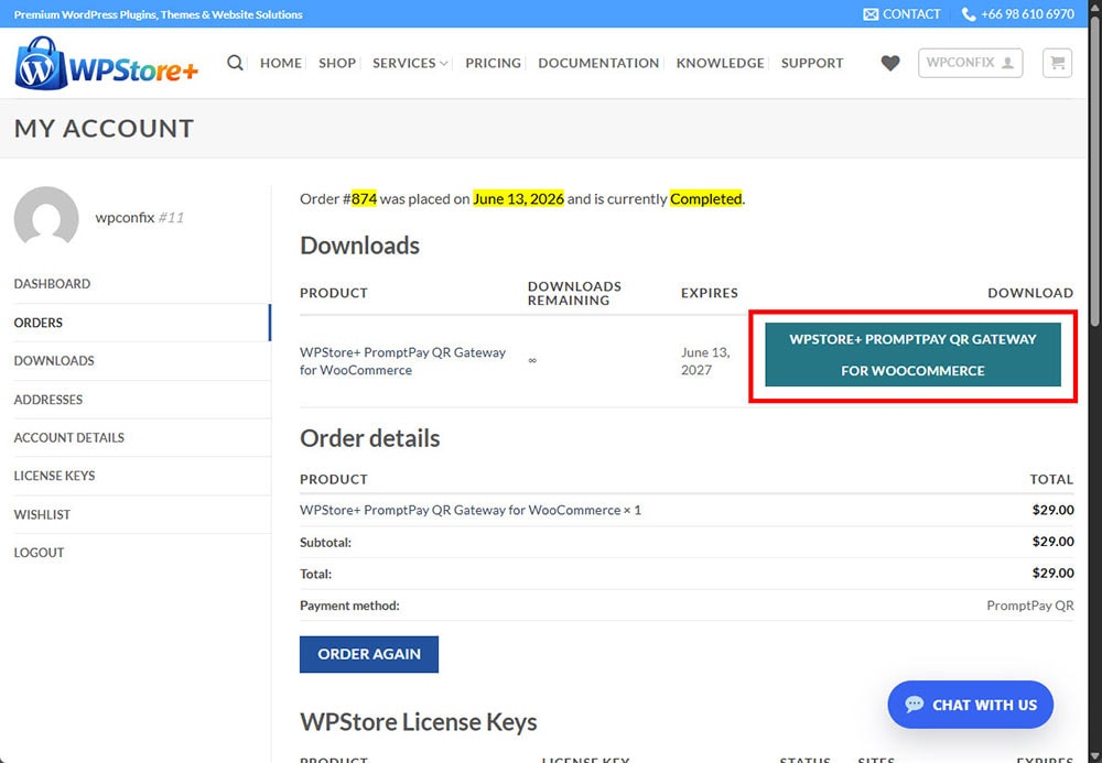 WPStore+ order details page showing the PromptPay QR Gateway download button