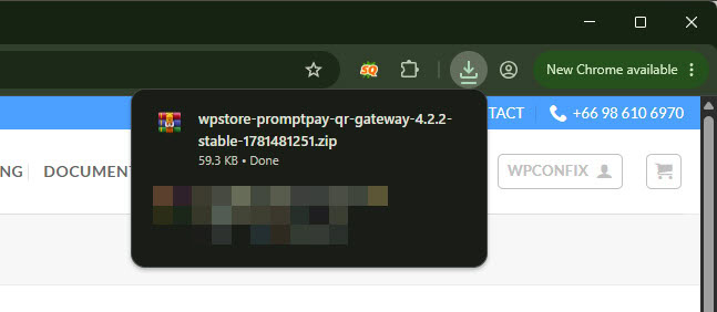 Browser download panel showing the WPStore+ PromptPay QR Gateway ZIP file