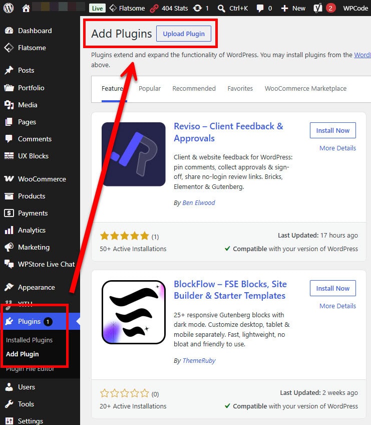 WordPress Add Plugins screen highlighting the Upload Plugin button