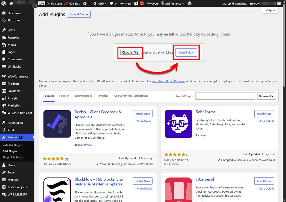 WordPress plugin upload screen highlighting Choose File and Install Now buttons