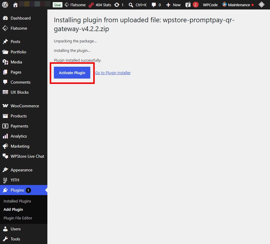 WordPress plugin installation success screen showing the Activate Plugin button