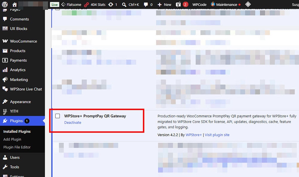 WordPress installed plugins page showing WPStore+ PromptPay QR Gateway active