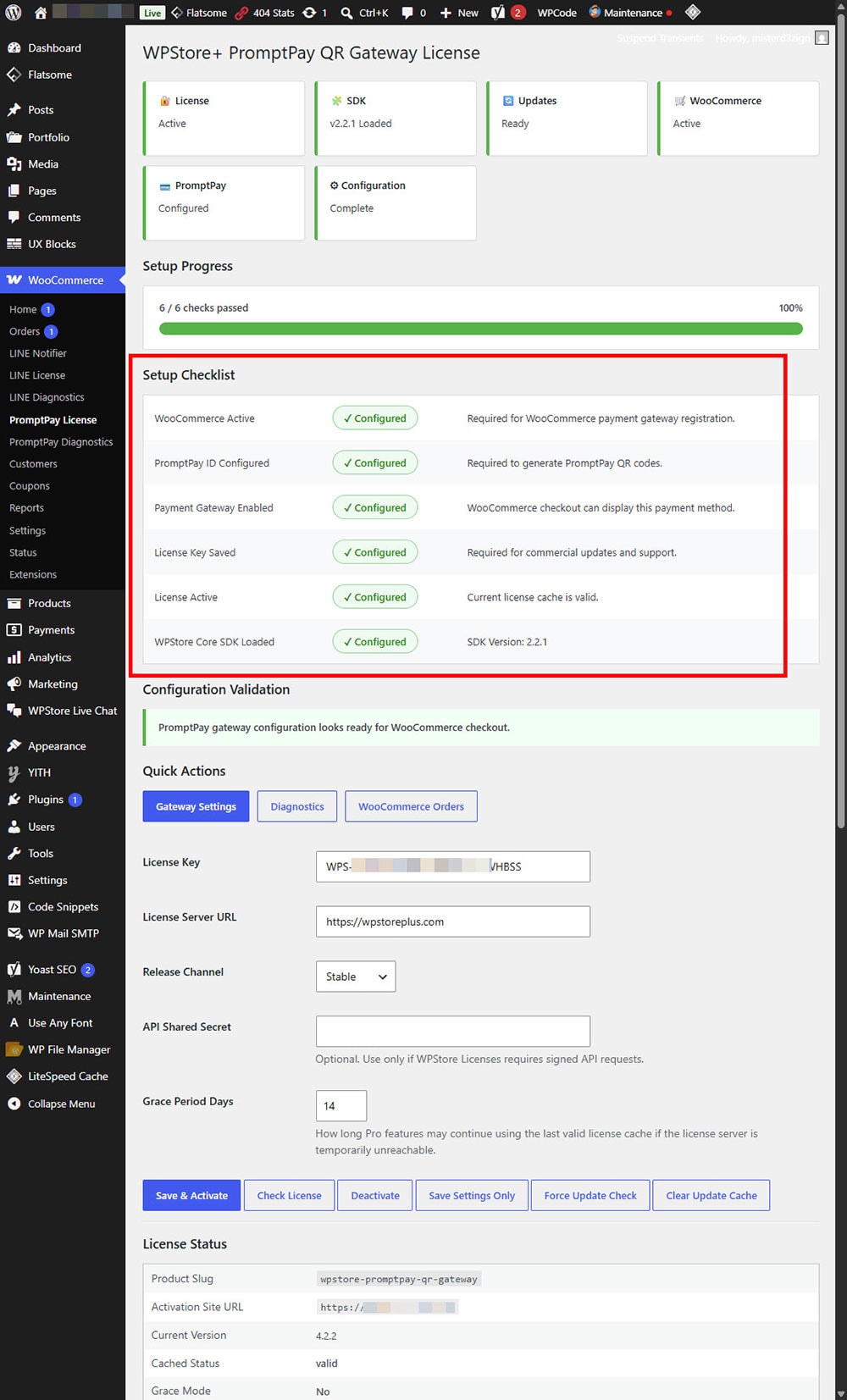 WPStore+ PromptPay QR Gateway setup checklist showing completed configuration checks