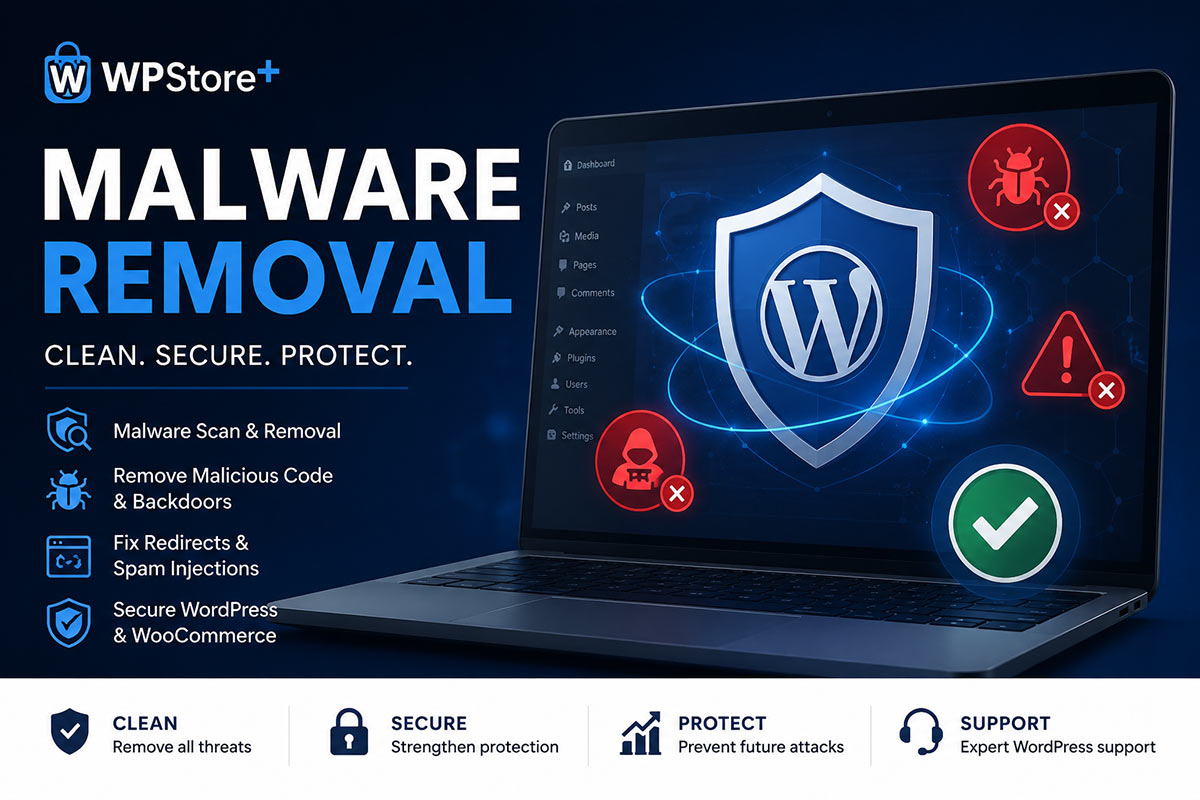 WordPress malware removal expert cleaning infected websites, removing malicious code, fixing redirects, and securing WooCommerce stores