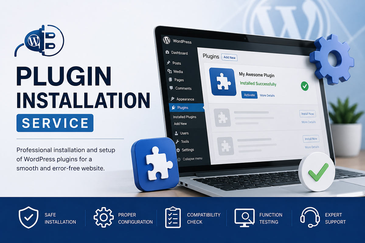 WordPress plugin installation and configuration service with safe setup, compatibility testing, and expert support for WordPress and WooCommerce websites.
