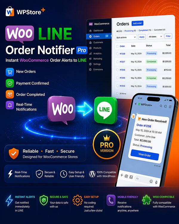 WPStore+ Woo LINE Order Notifier Pro plugin for WooCommerce with real-time LINE order notifications, payment alerts, secure setup, and compatibility with the latest WordPress and WooCommerce versions.