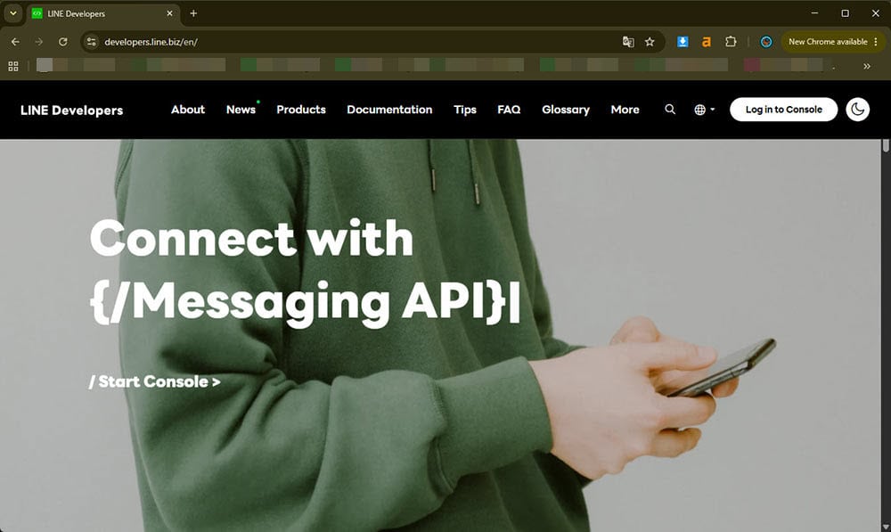 LINE Developers homepage showing the starting point for setting up WooCommerce LINE Order Notifier with Messaging API.