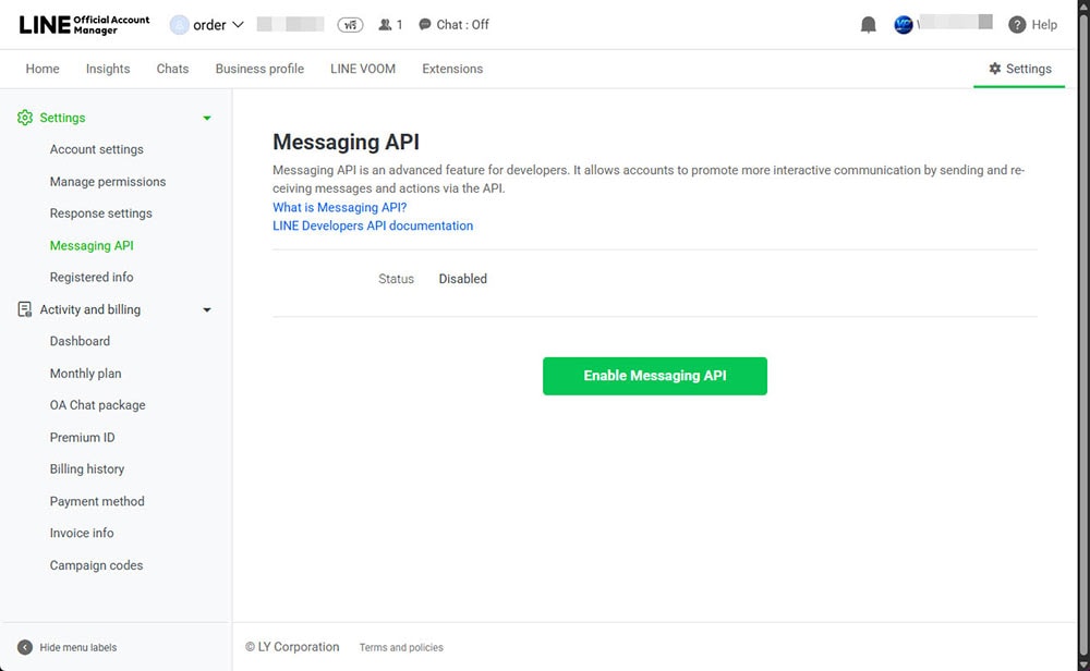 LINE Official Account Manager screen showing the Enable Messaging API button.