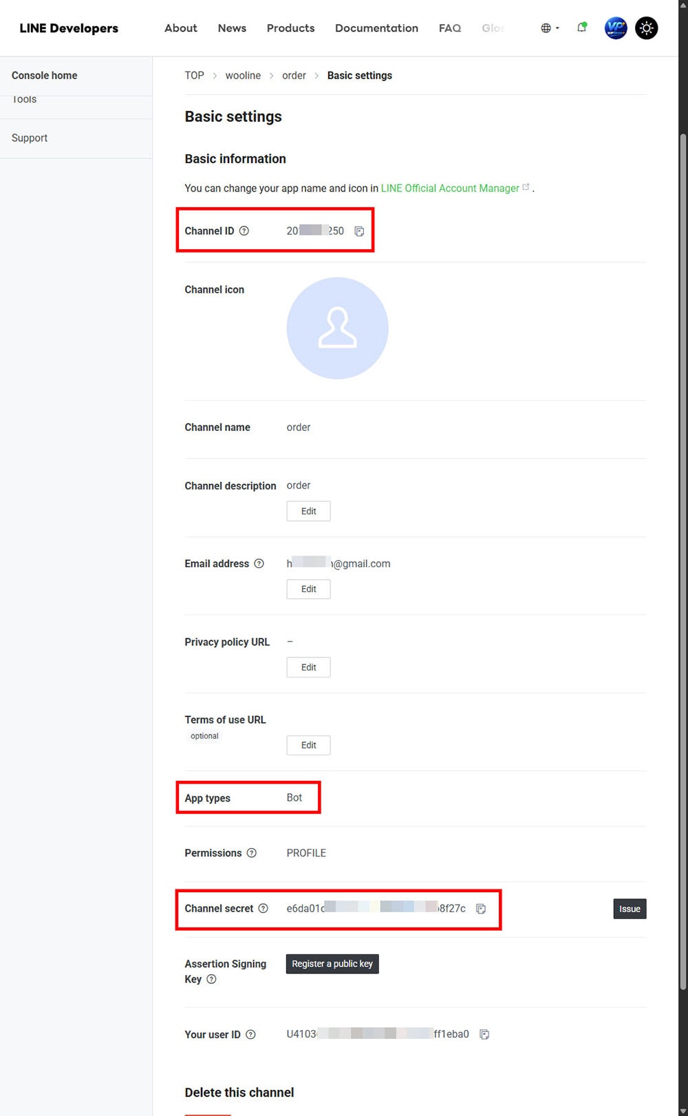 LINE Developers Basic settings page showing Channel ID, Bot app type, Channel Secret, and user ID fields.