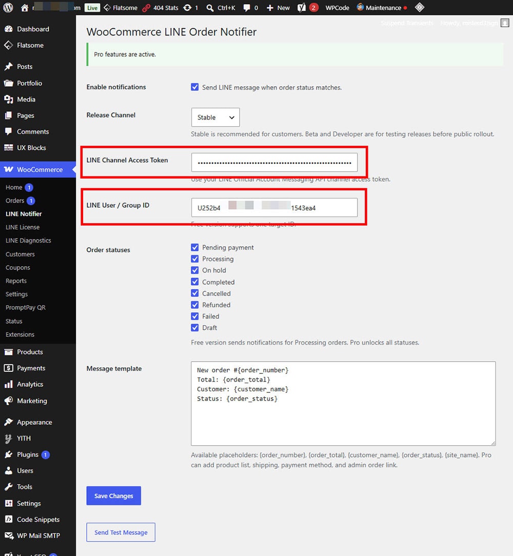 WooCommerce LINE Order Notifier settings page showing Channel Access Token and LINE User or Group ID fields.