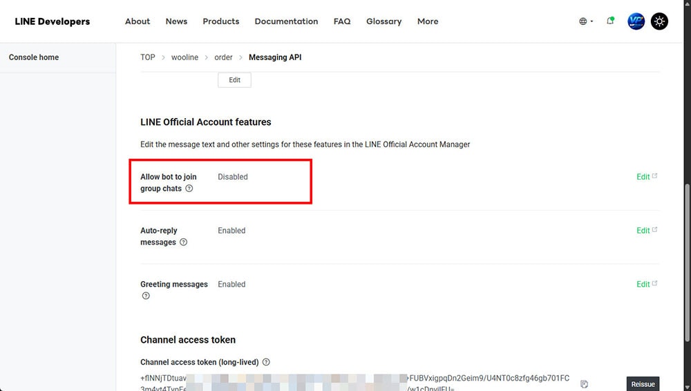 LINE Developers Messaging API settings showing Allow bot to join group chats status.