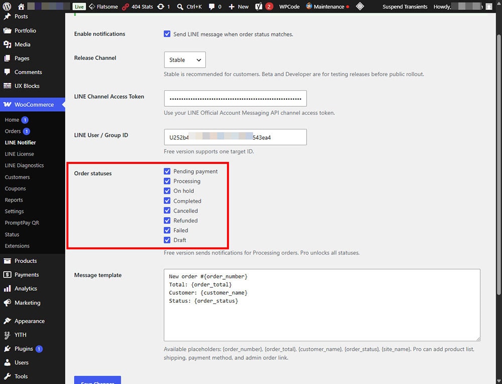 WooCommerce LINE Order Notifier settings showing selectable WooCommerce order statuses for LINE notifications.