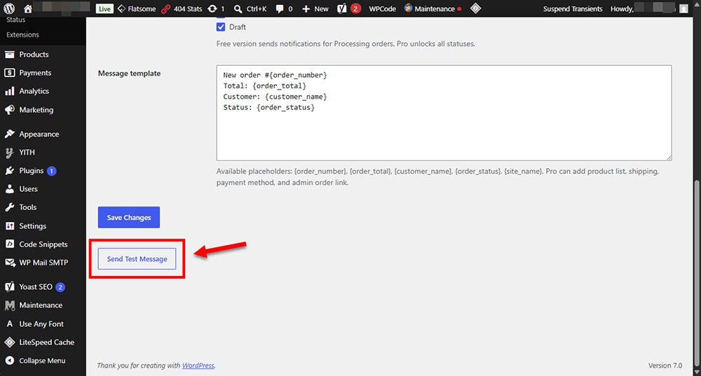 WooCommerce LINE Order Notifier settings page highlighting the Send Test Message button.