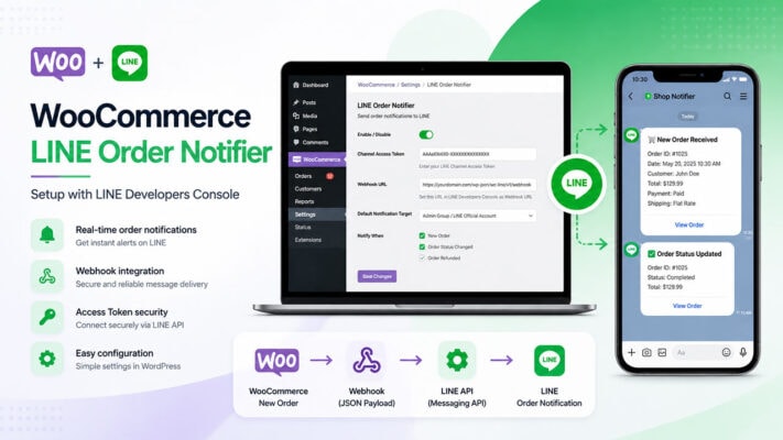 WooCommerce LINE Order Notifier setup showing WordPress settings connected to LINE order notifications through the LINE Developers Console.