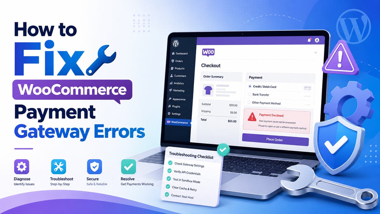 WooCommerce checkout screen showing a payment gateway error with troubleshooting icons, security check mark, and repair tools.