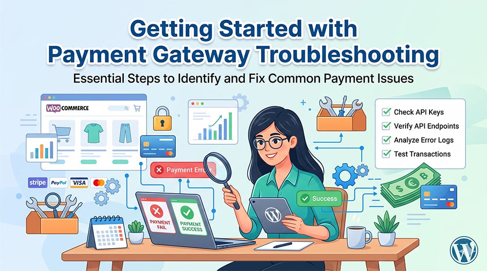 A website administrator troubleshooting payment gateway errors on WooCommerce and WordPress using error analysis tools.