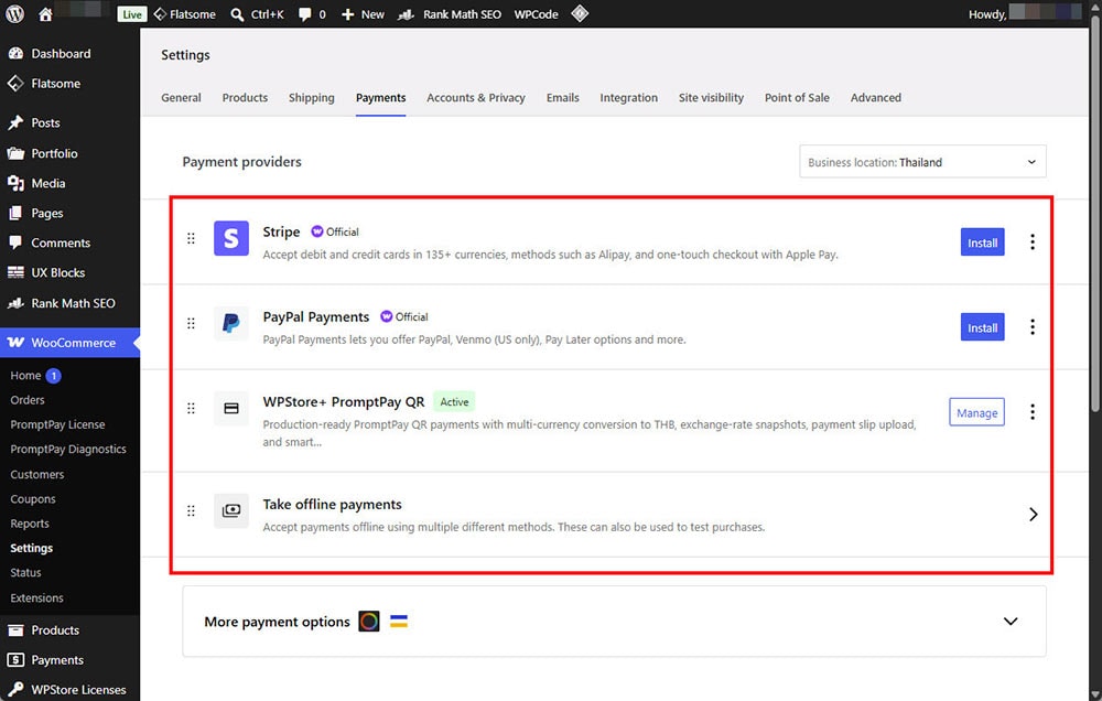 WooCommerce Payments settings screen showing available payment providers and an active WPStore+ PromptPay QR gateway.