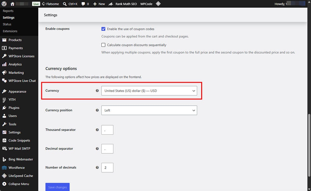 WooCommerce General settings screen showing the store currency option set to United States dollar USD.