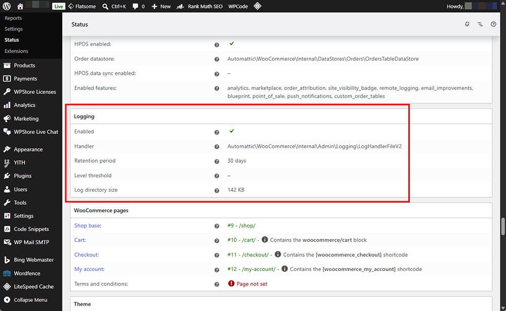 WooCommerce Status screen showing logging enabled and WooCommerce pages configuration for Cart, Checkout, and My Account.