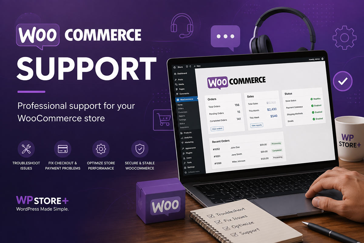 Professional WooCommerce support service with troubleshooting, checkout issue resolution, payment gateway assistance, and online store optimization by WPStore+.