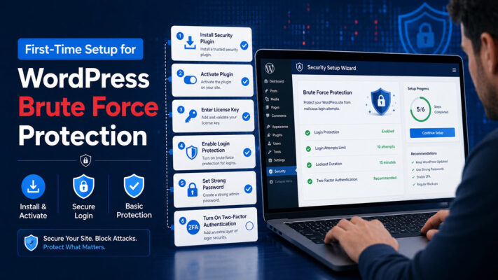 First-time setup for WordPress brute force protection with plugin installation, login security, and setup wizard
