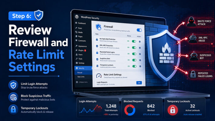 WordPress firewall and rate limit settings for brute force protection and suspicious traffic blocking