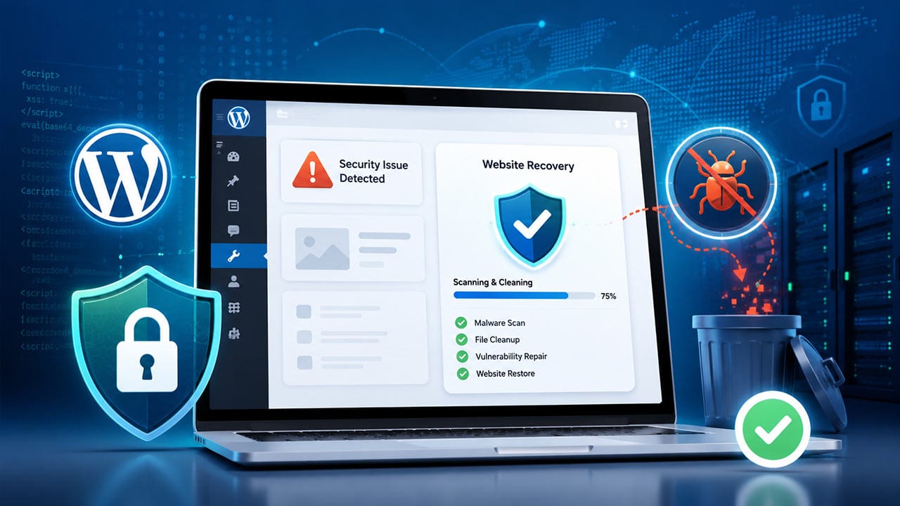 WordPress website recovery dashboard showing malware scan, file cleanup, security shield, and hacked website repair process