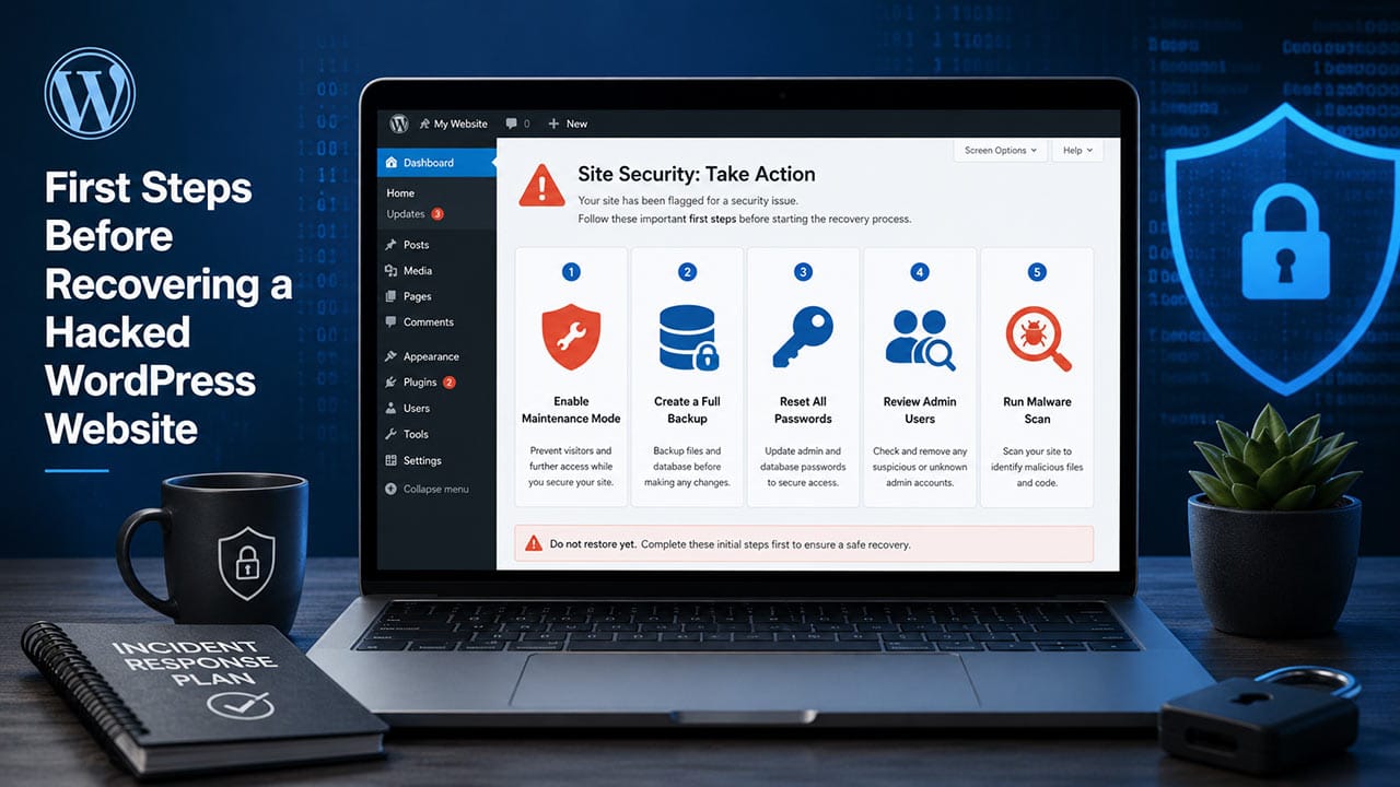 WordPress security dashboard showing first recovery steps including maintenance mode, full backup, password reset, admin user review, and malware scan