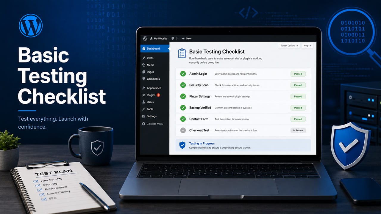 WordPress testing checklist dashboard showing admin login, security scan, plugin settings, backup verification, contact form test, and checkout test