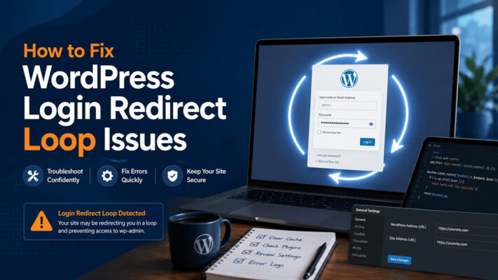 Featured image showing how to fix WordPress login redirect loop issues with a WordPress login screen, redirect arrows, and troubleshooting elements