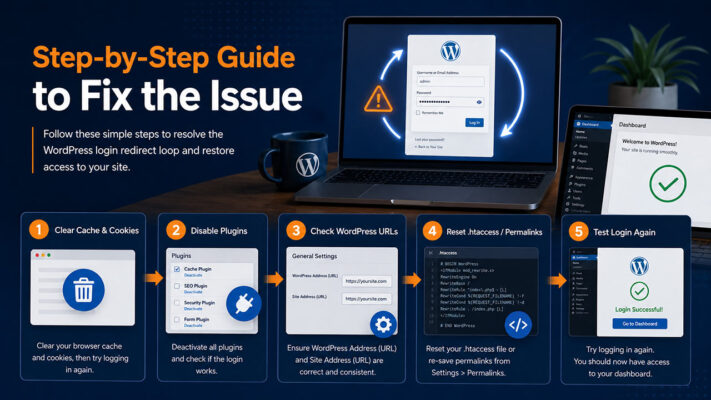 Step-by-step guide to fix WordPress login redirect loop issues, including clearing cache, disabling plugins, checking WordPress URLs, resetting .htaccess, and testing login again