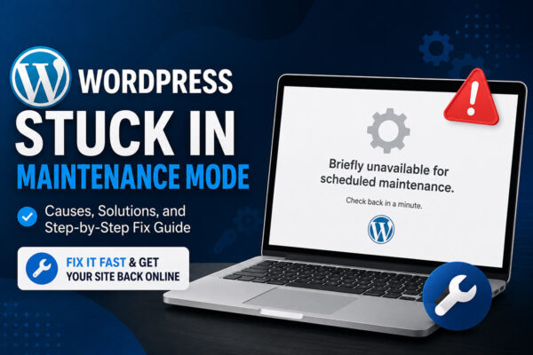 WordPress Stuck in Maintenance Mode error displayed on a laptop screen with repair and maintenance icons, representing a step-by-step WordPress troubleshooting guide by WPStore+.