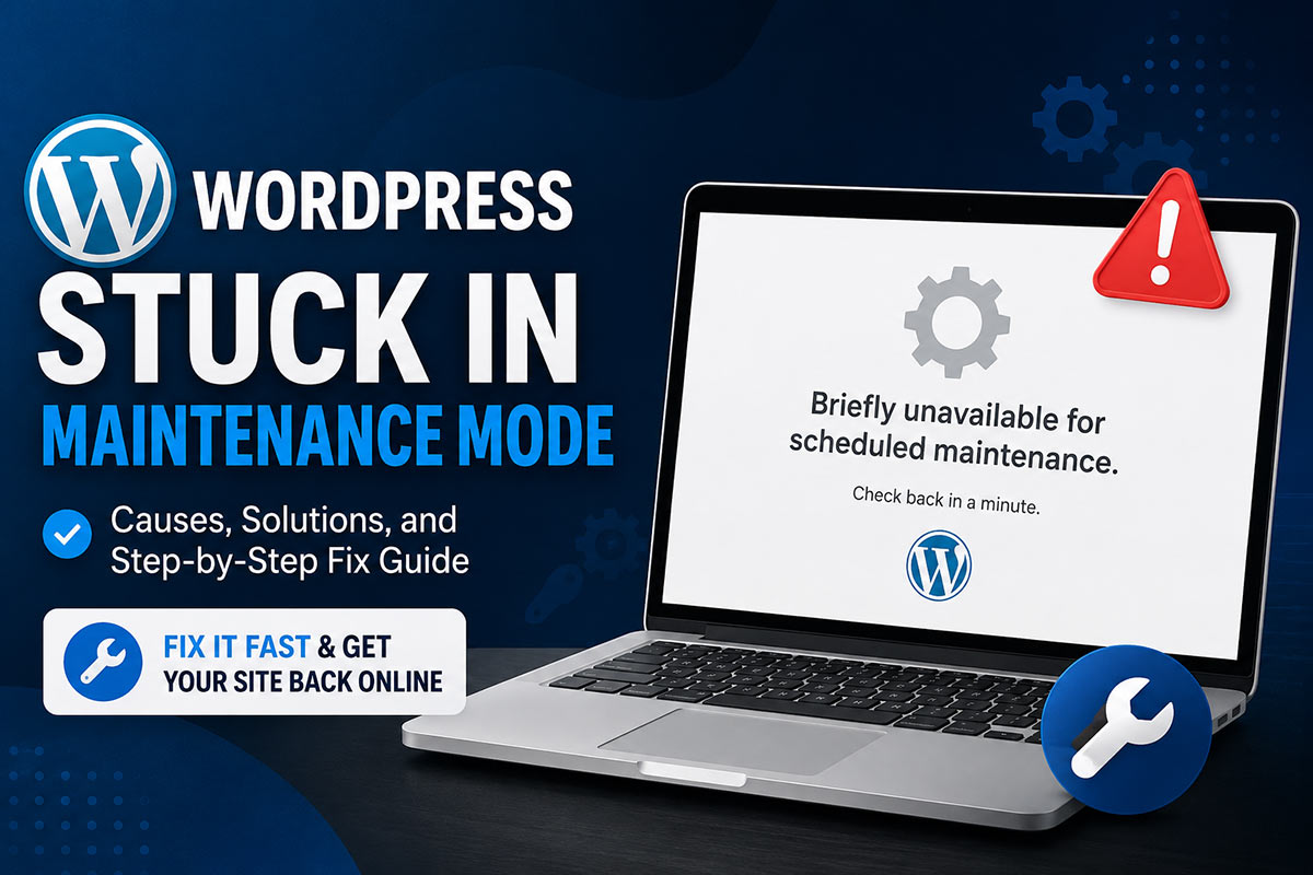 WordPress Stuck in Maintenance Mode error displayed on a laptop screen with repair and maintenance icons, representing a step-by-step WordPress troubleshooting guide by WPStore+.