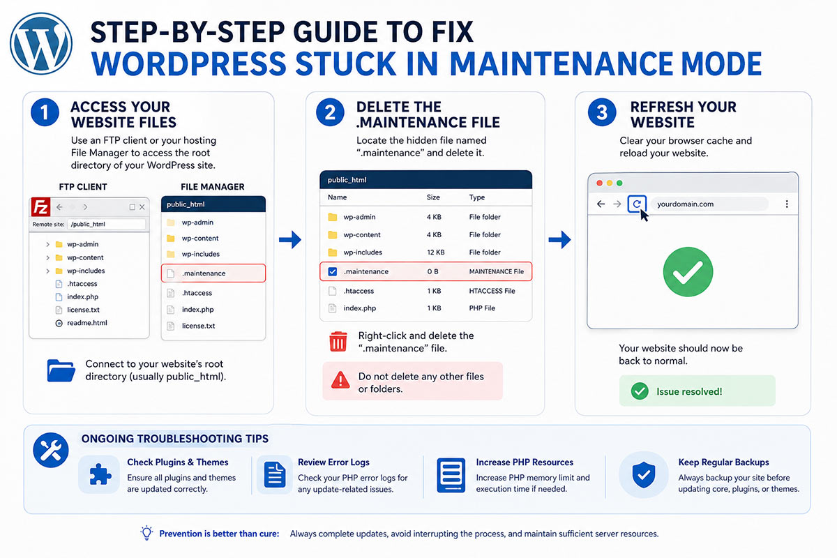 Infographic explaining how to fix WordPress Stuck in Maintenance Mode by locating and removing the .maintenance file, refreshing the website, and troubleshooting update-related issues.