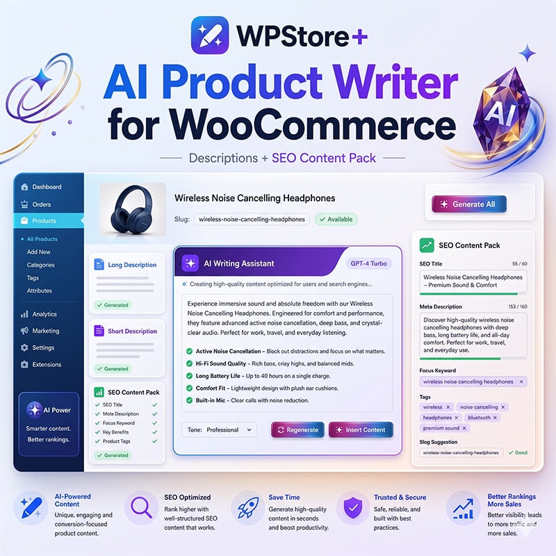 WPStore+ AI Product Writer for WooCommerce product image showing AI-generated product descriptions and SEO content suggestions