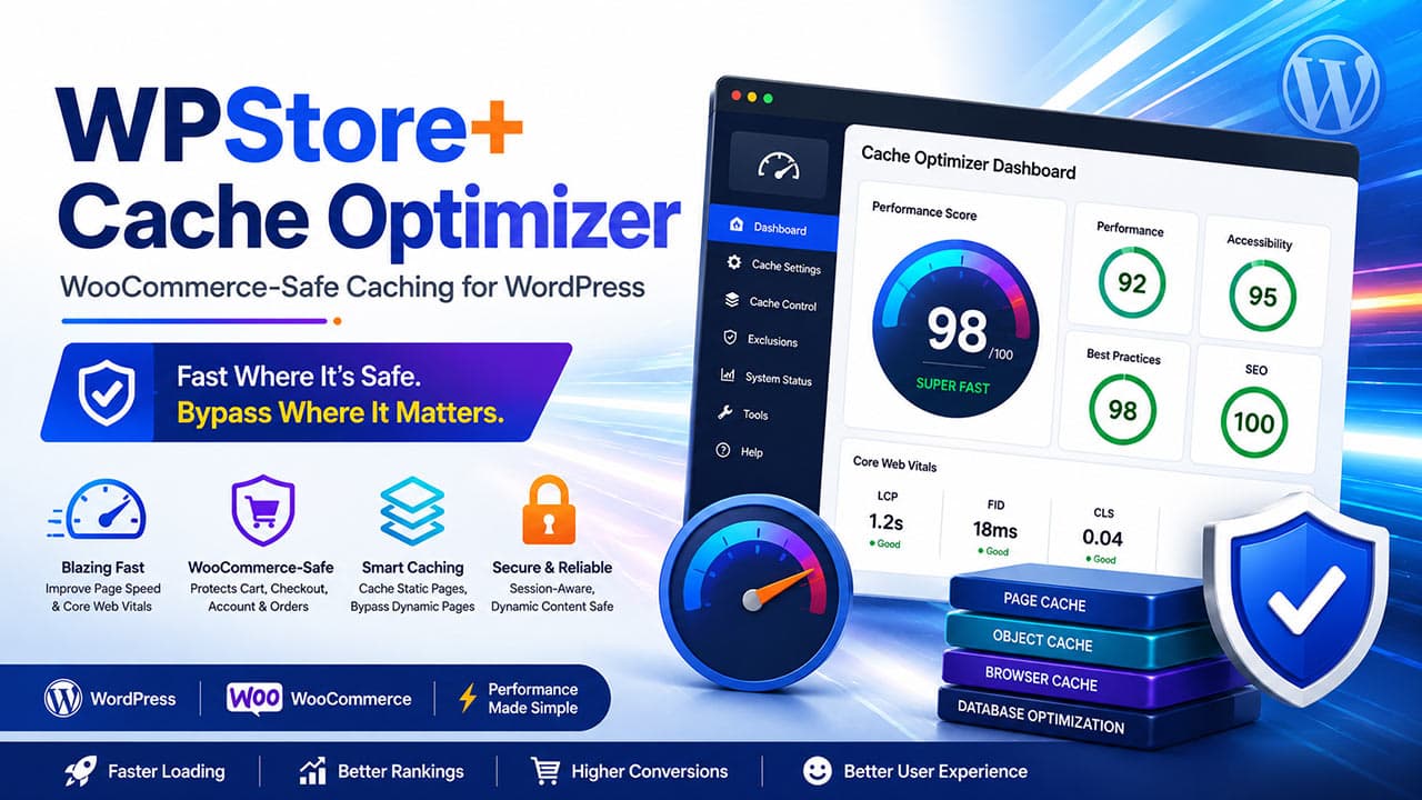 WPStore+ Cache Optimizer 16:9 banner showing WordPress cache optimization, WooCommerce-safe caching, PageSpeed scores, Core Web Vitals, and secure cache management.