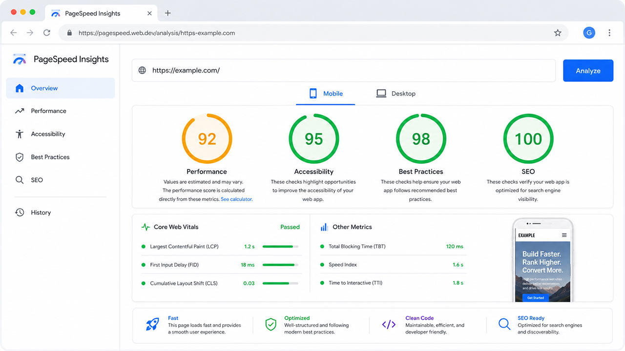 Google PageSpeed Insights dashboard showing high optimization scores for mobile with Performance 92, Accessibility 95, Best Practices 98, and SEO 100.
