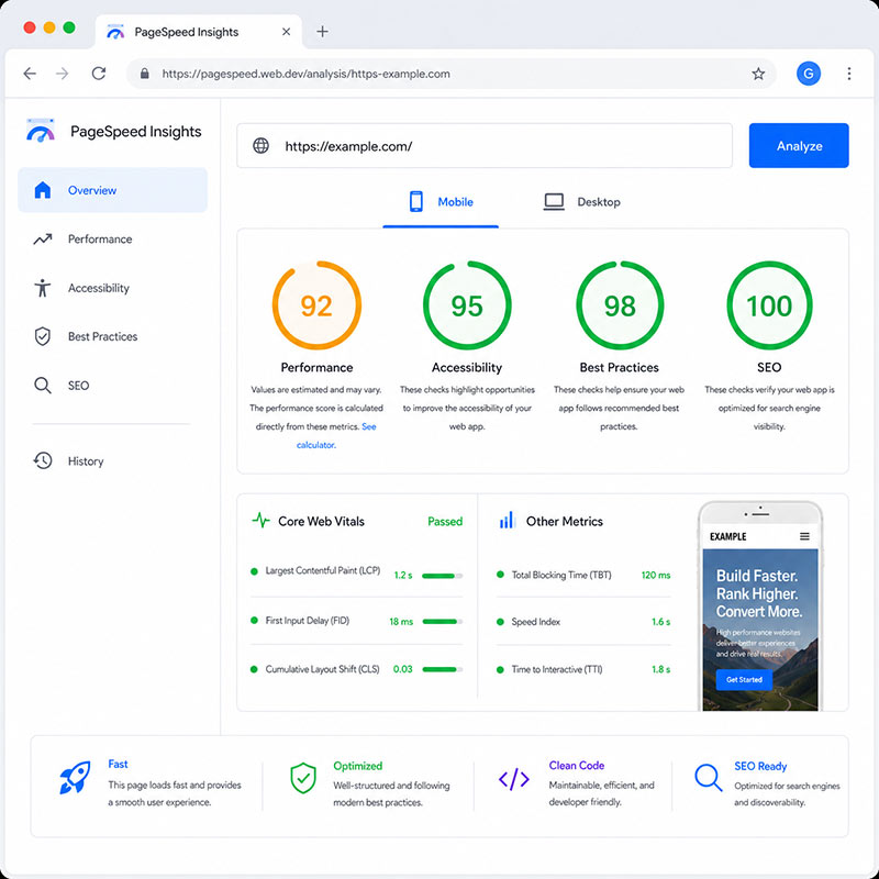 This Google PageSpeed ​​Insights results dashboard displays scores of 92 for performance, 95 for reach, 98 for best practices, and 100 for SEO.