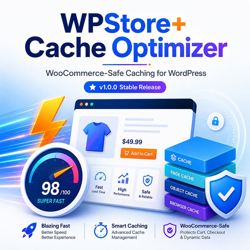 WPStore+ Cache Optimizer featured image showing WooCommerce-safe caching, speed optimization, and secure cache management for WordPress.