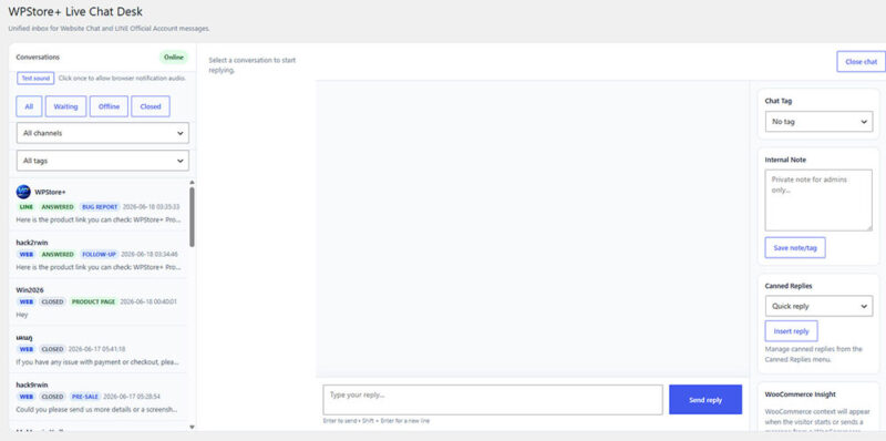 WordPress live chat admin inbox with LINE chat integration, canned replies, internal notes, and WooCommerce support tools in WPStore+ Live Chat Desk Pro