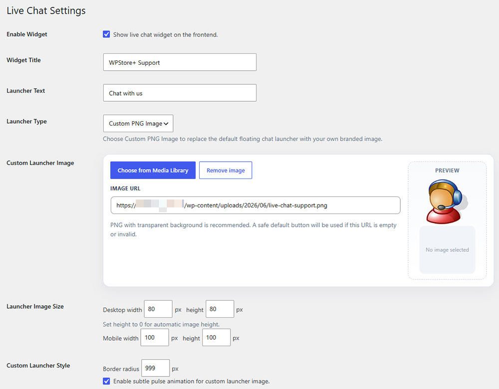 WPStore+ Live Chat Desk Pro live chat settings showing custom PNG chat launcher image, widget title, launcher text, image size, mobile settings, and pulse animation for WordPress live chat plugin