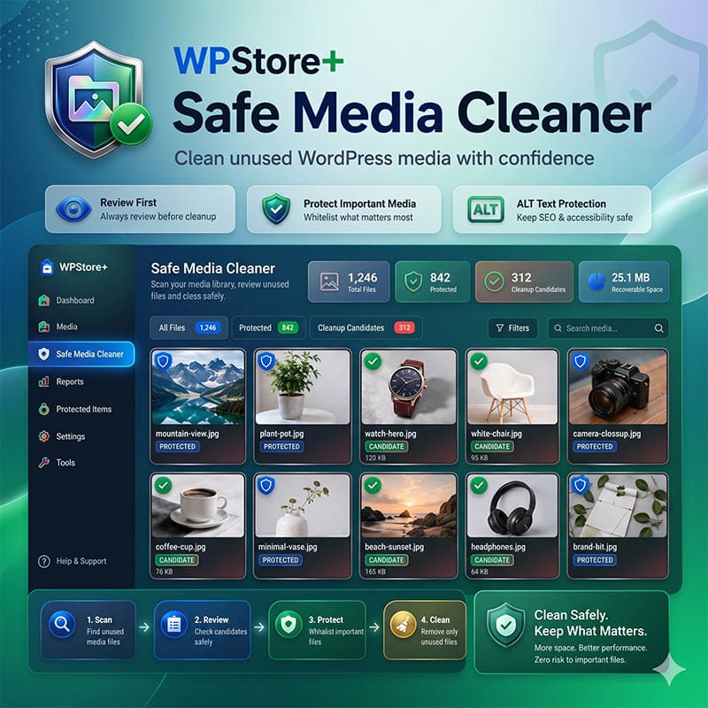 WPStore+ Safe Media Cleaner product image showing a safe WordPress media cleanup dashboard with protected media, cleanup candidates, and review-first workflow.