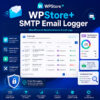WPStore+ SMTP Email Logger plugin dashboard showing WordPress and WooCommerce email logs, CSV export, troubleshooting tools, and privacy-first logging features.