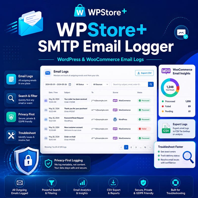 WPStore+ SMTP Email Logger plugin dashboard showing WordPress and WooCommerce email logs, CSV export, troubleshooting tools, and privacy-first logging features.