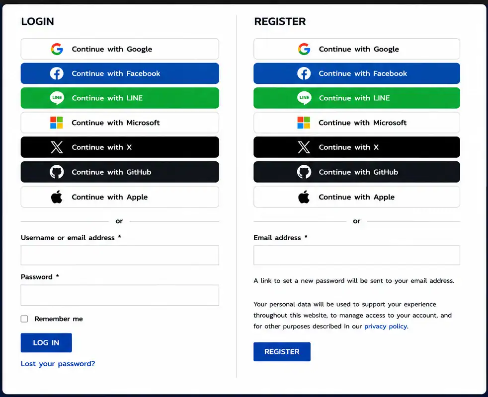 WPStore+ Social Login buttons for Google, Facebook, LINE, Microsoft, X, GitHub, and Apple on the login and registration page