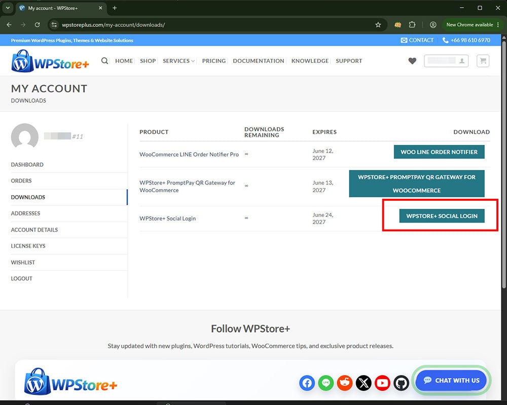 Customer download page showing WPStore+ Social Login download button in My Account.