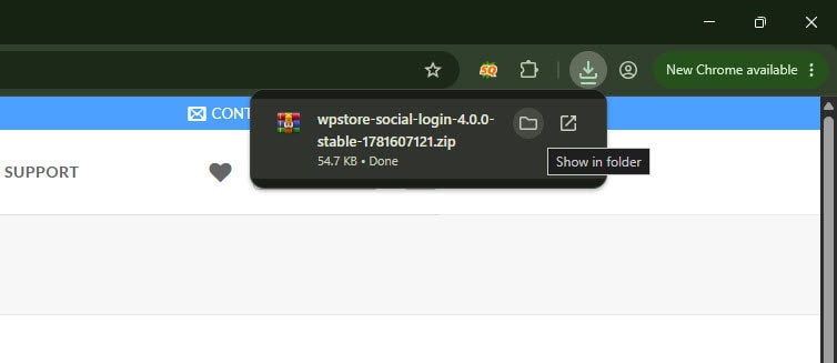 Browser download confirmation for the WPStore+ Social Login plugin ZIP file.