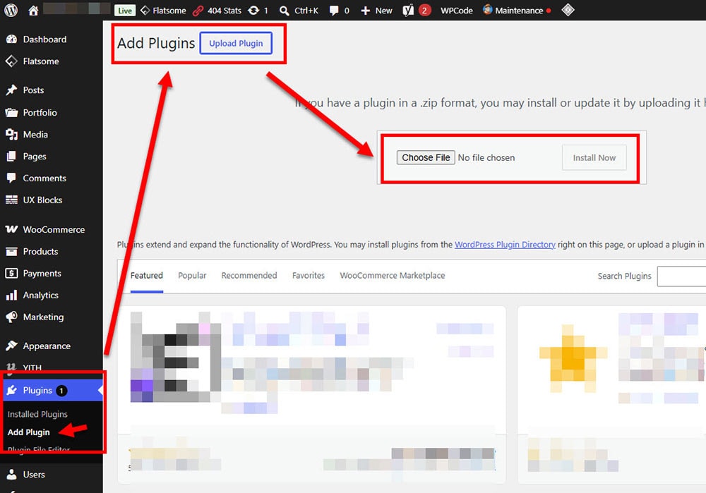 WordPress Add Plugins screen with Upload Plugin and Choose File options highlighted.