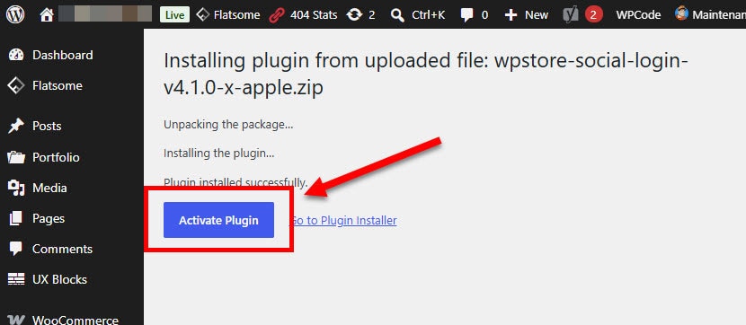 WordPress plugin installation success screen with Activate Plugin button highlighted.